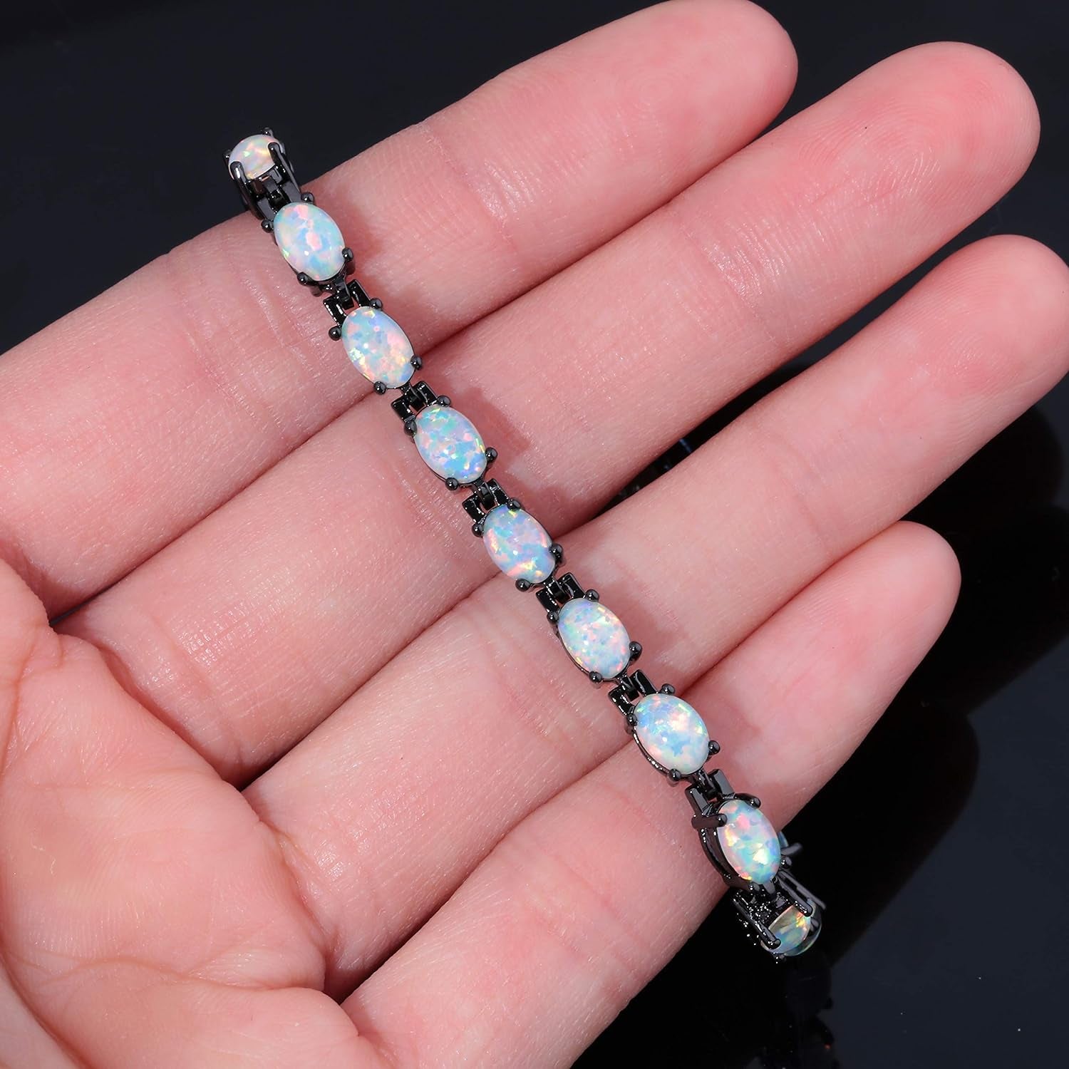 Opal Tennis Bracelet for Women 14K White Gold Plated Adjustable Oval Shape Gemstone Bracelet Opal Jewelry