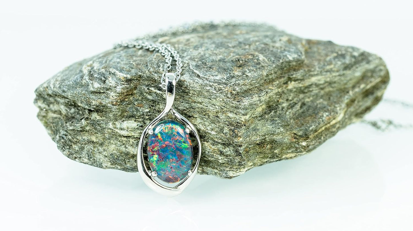 14X10Mm Genuine Multi Colour Australian Triplets Opal Necklace Pendant in Sterling Silver with Gold Plated Women's Opal Jewellery