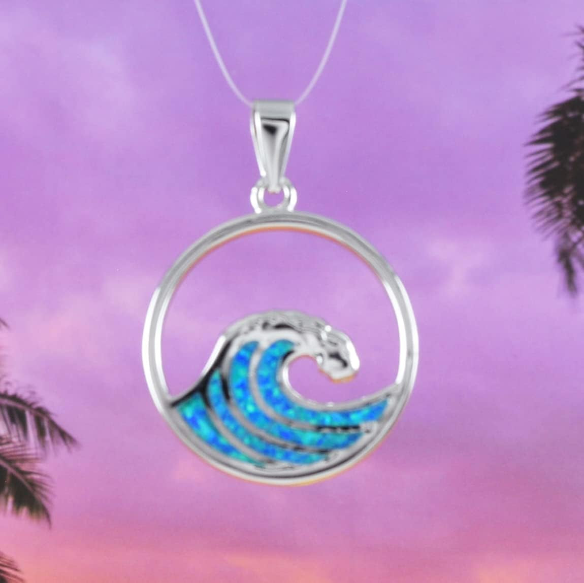 Unique Hawaiian Blue Opal Ocean Wave Necklace, Sterling Silver Blue Opal Wave Pendant