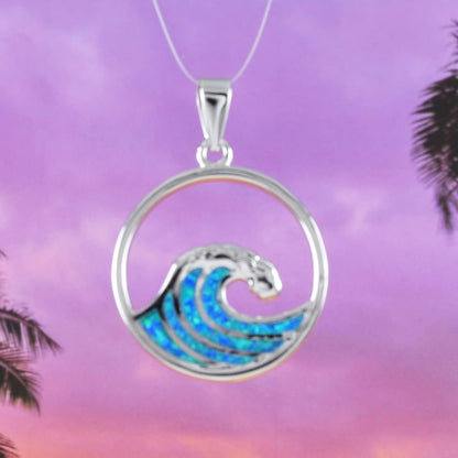 Unique Hawaiian Blue Opal Ocean Wave Necklace, Sterling Silver Blue Opal Wave Pendant