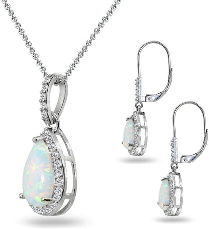 Sterling Silver Genuine, Created or Simulated Gem Teardrop Halo Dangling Necklace & Lever back Earrings