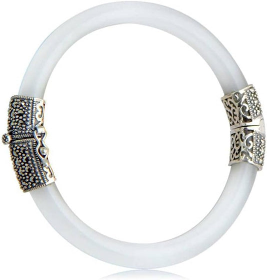 Retro Bangle 925 Sterling Silver Bangle Jewelry Set Marcasite Synthetic Opal Multicolor Open Ethnic Style Female Bracelet