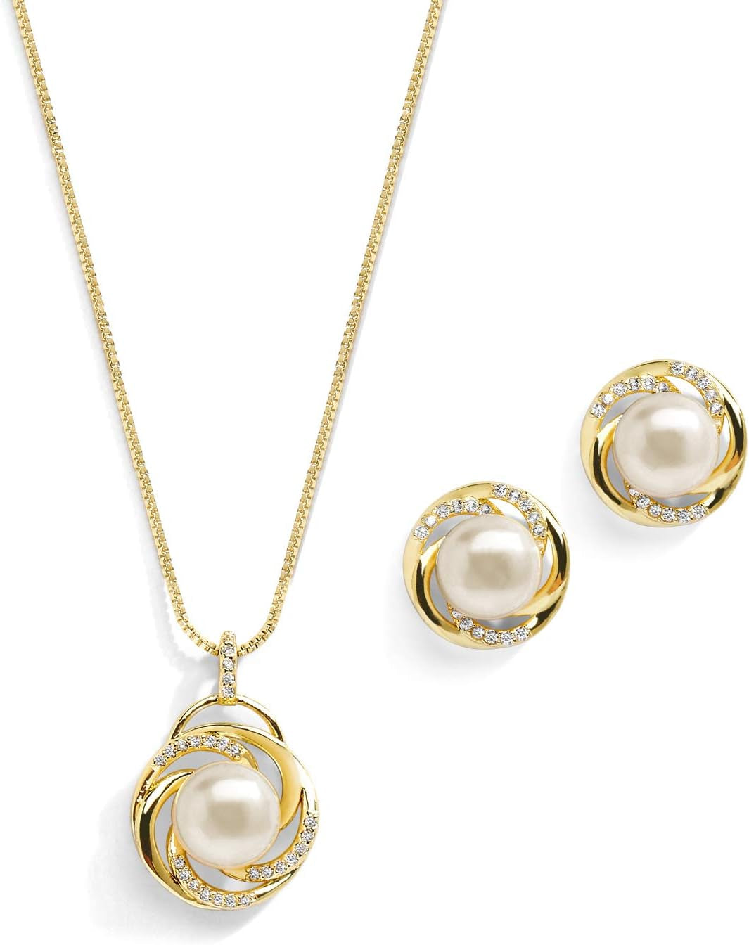 Freshwater Pearl Gold Wedding Necklace Earrings Set for Brides, Cubic Zirconia