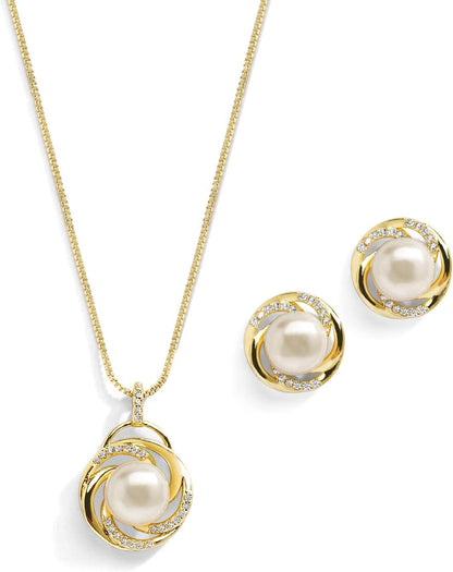 Freshwater Pearl Gold Wedding Necklace Earrings Set for Brides, Cubic Zirconia