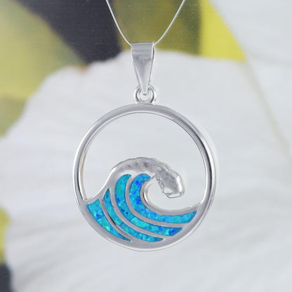 Unique Hawaiian Blue Opal Ocean Wave Necklace, Sterling Silver Blue Opal Wave Pendant