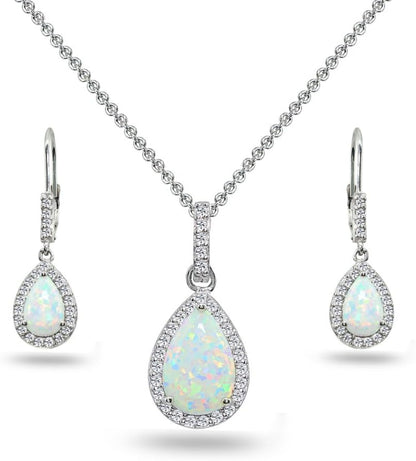 Sterling Silver Genuine, Created or Simulated Gem Teardrop Halo Dangling Necklace & Lever back Earrings