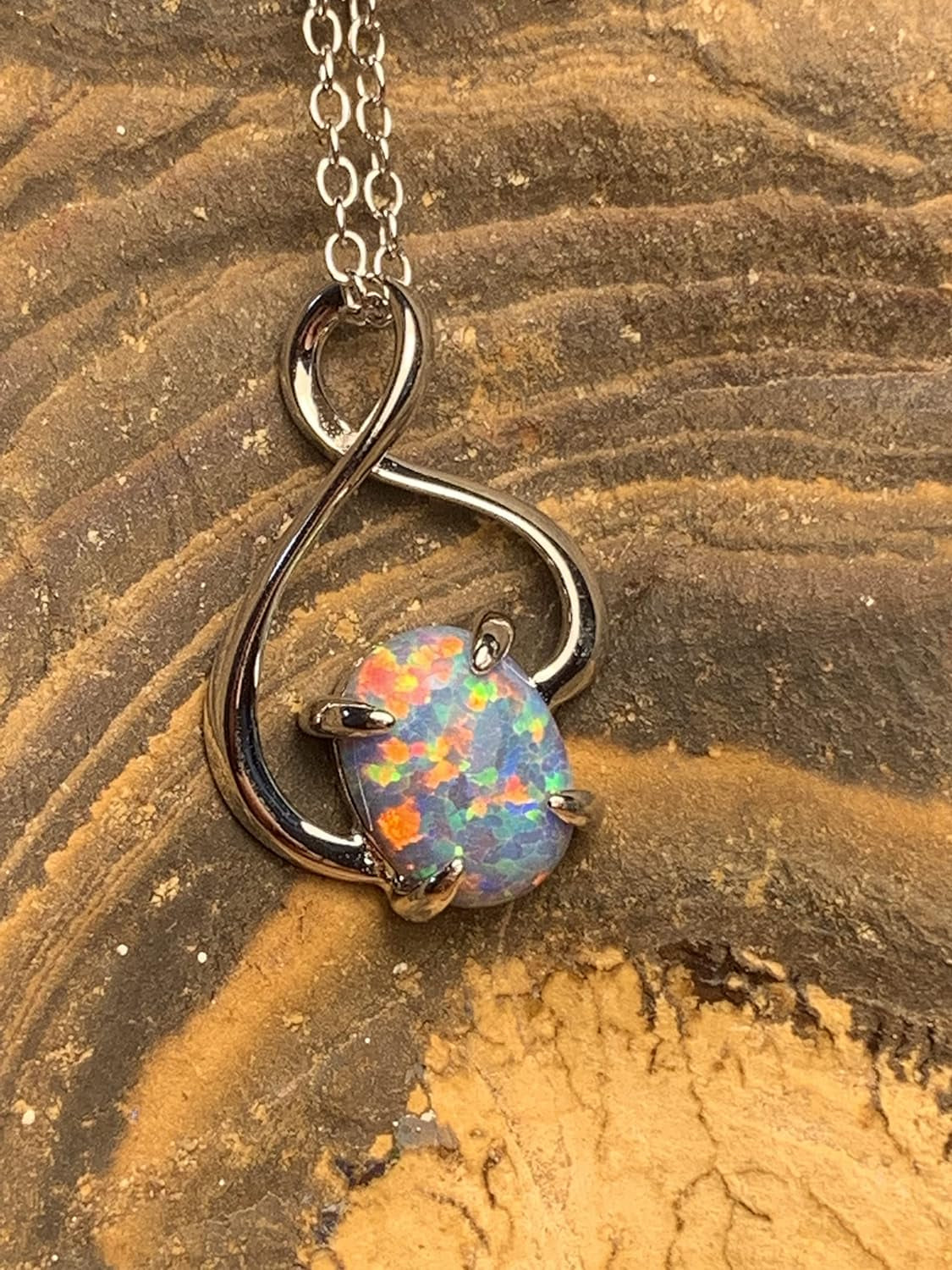 Fire Turquoise Opal Pendant in Modern Loop Infinity Setting, Adjustable 45 to 50Cm Sterling Silver Chain