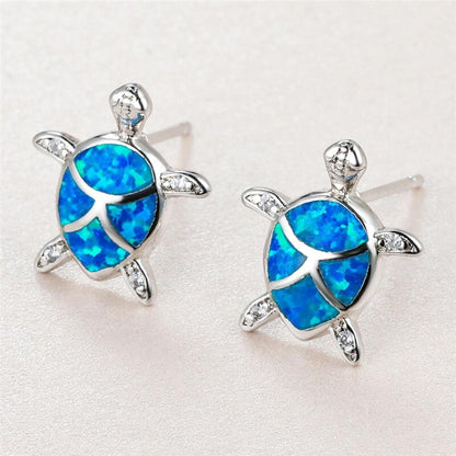 Boho Female Small Sea Turtle Earrings Cute Silver Color Stud Earrings Luxury Blue Opal Stone Wedding Earrings for Women