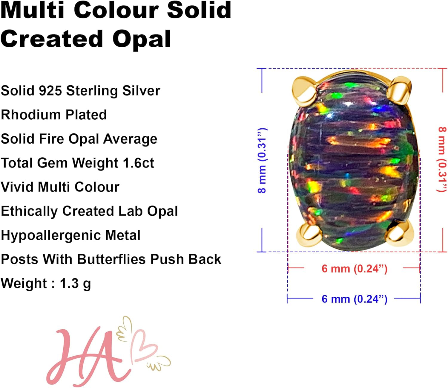 Heart’S Art - Play of Colour Fire Opal Earrings in Classic Simple Studs Setting, 8X6Mm Oval Ethical Created Rainbow Opal Earrings