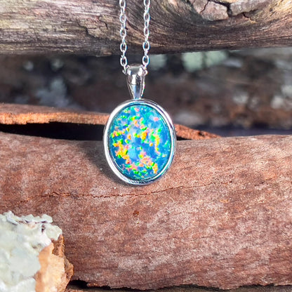 Australian opal Sterling Silver Necklace Bezel 12X10Mm Created Opal 