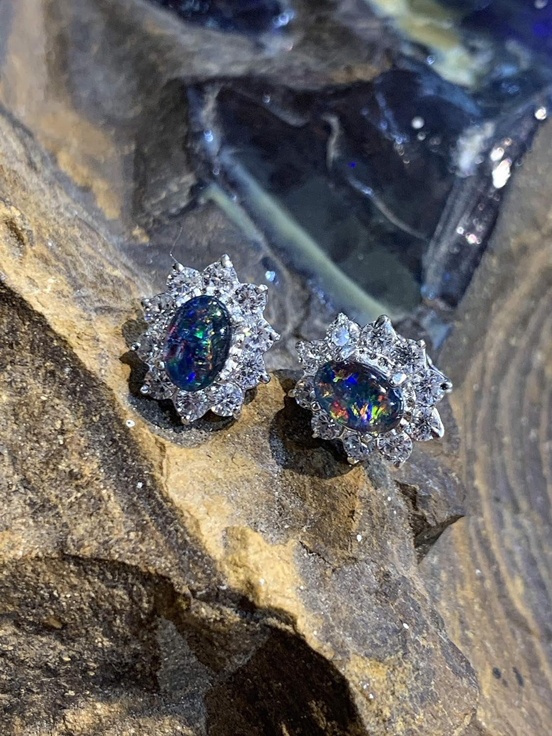 Sterling Silver Australian Opal Triplet 6X4Mm Cluster Earrings with AAA Cubic Zirconia's