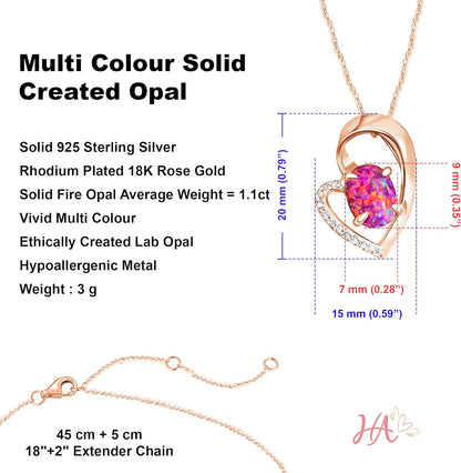 Hearts Art Australia| Jewellery Gifts for Women| Modern Fire Opal Heart Pendant| 45-50Cm Sterling Silver Chain|9X7Mm Created Opal Necklace| Wedding Anniversary Birthday Gift Girl